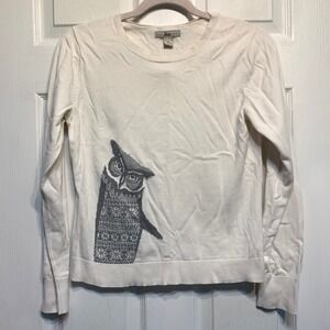 Bass Owl Graphic Sweater Size Medium White Cotton Fair Isle Intarsia Crew Neck